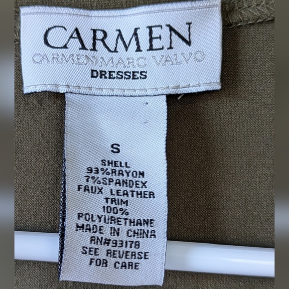 CARMEN MARC VALVO Dress, Faux Wrap, Olive Green, Brown Harness Trim, Size S - Picture 2 of 6